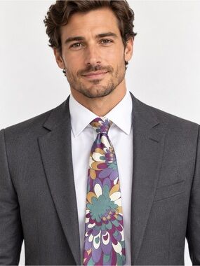 J.T. Beckett All Silk Retro Floral Necktie Purple Teal Cream Statement Wide Tie